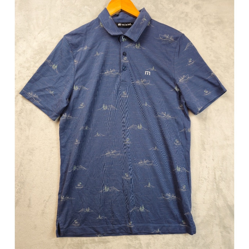 Travis Mathew Polo Shirt Mens Medium Navy All Over Print Golf Performance Boat
